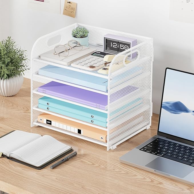 Cawukege 5 Tier Paper Organizer with Handle, White Metal Mesh Desk Organizer File Folder Paper Letter Tray Desktop Document Sorter for Classroom, School, Office Accessories Organization and Storage - Image 7
