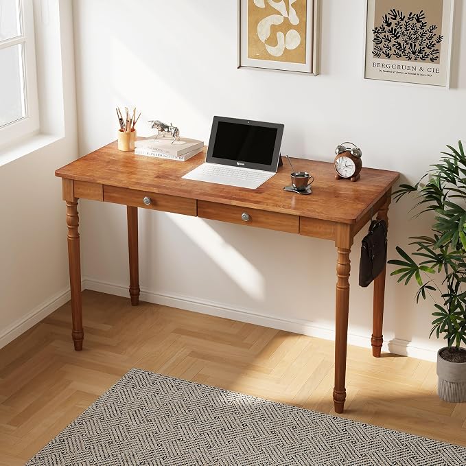 Vintage Solid Wood Writing Desk - 47.2" Mid Century Modern Desk with 2 Drawers, Wooden Computer Desks for Home Office, Large Secretary Desks, Traditional Vanity Dressing Table for Bedroom, Walnut by Love-KNPTUS
