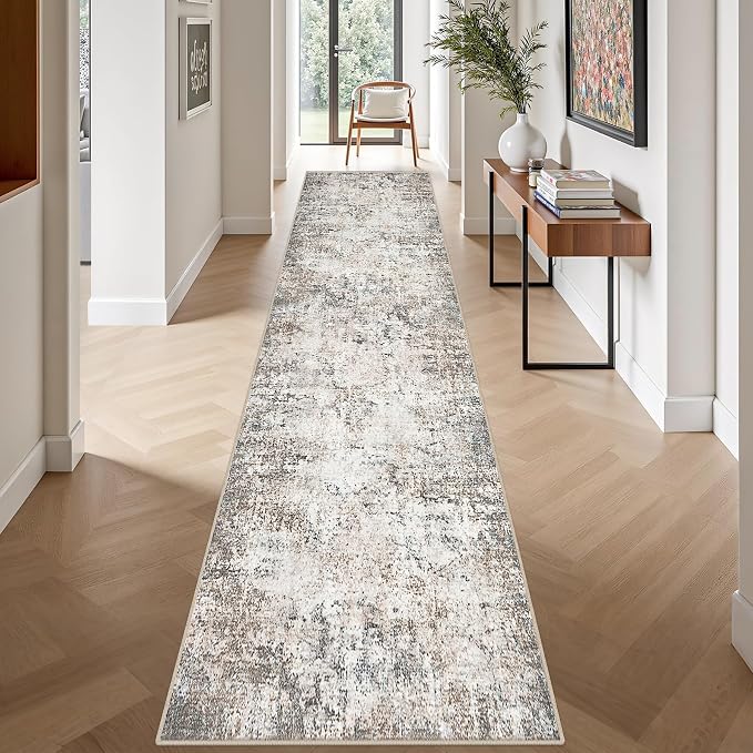 2.6'x14' Runner Rug Washable Rug: Modern Abstract Soft Thin Runner Rug Brown Grey - Image 4