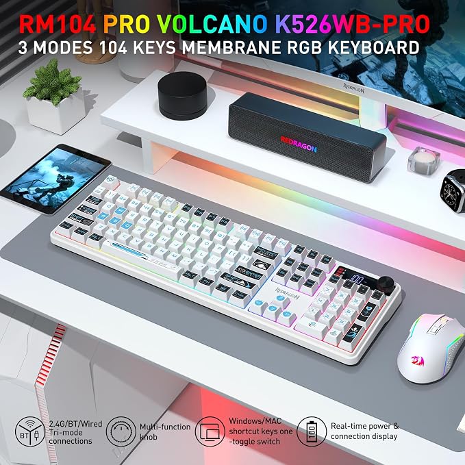 Redragon K526 PRO Wireless RGB Membrane Gaming Keyboard, LED Screen & Knob | See Battery, Mode & Time at a Glance, 0-Delay Tri-Mode, One-Touch Backlit & Media Adjust, 26-Key Anti-Ghost for Combo-Strike - Image 2