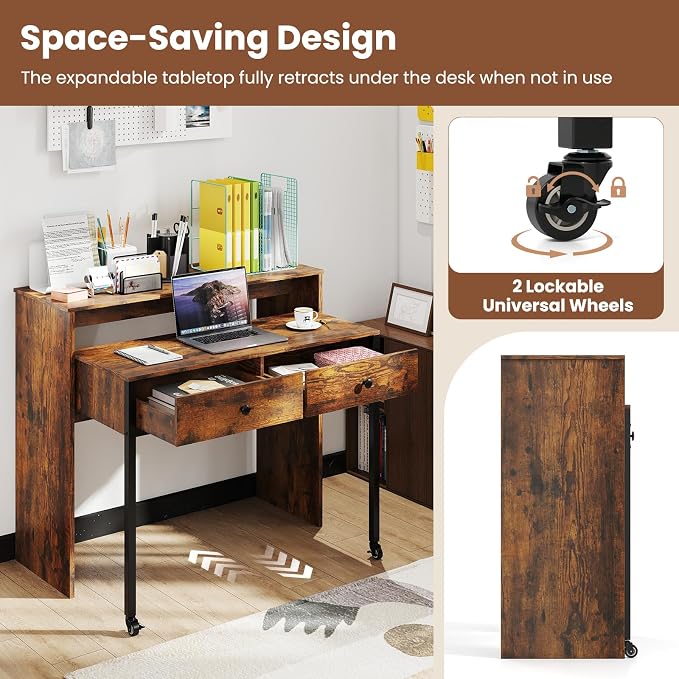 Giantex Small Computer Desk with Hutch & Drawers, Extendable Writing Desk w/Pull Out Secondary Table, Monitor Stand & Rolling Wheels, Console Table, Compact Desk for Small Spaces (Rustic Brown) - Image 6