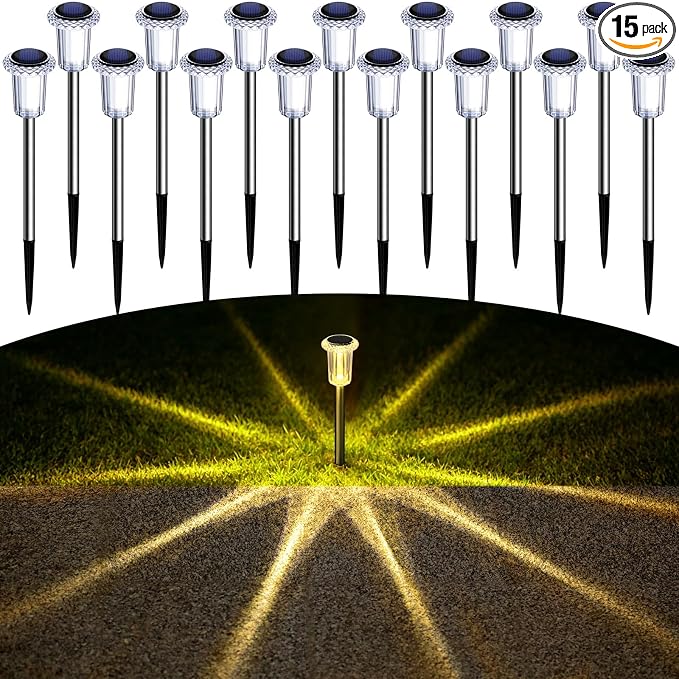 DenicMic Solar Garden Lights Outdoor Waterproof Warm White LED 15 Pack | Yard Garden Driveway Walkway Landscape Path Lights, Starburst Pattern, Acrylic Diamond-like Lampshade Stainless Steel Pole by Denicmic