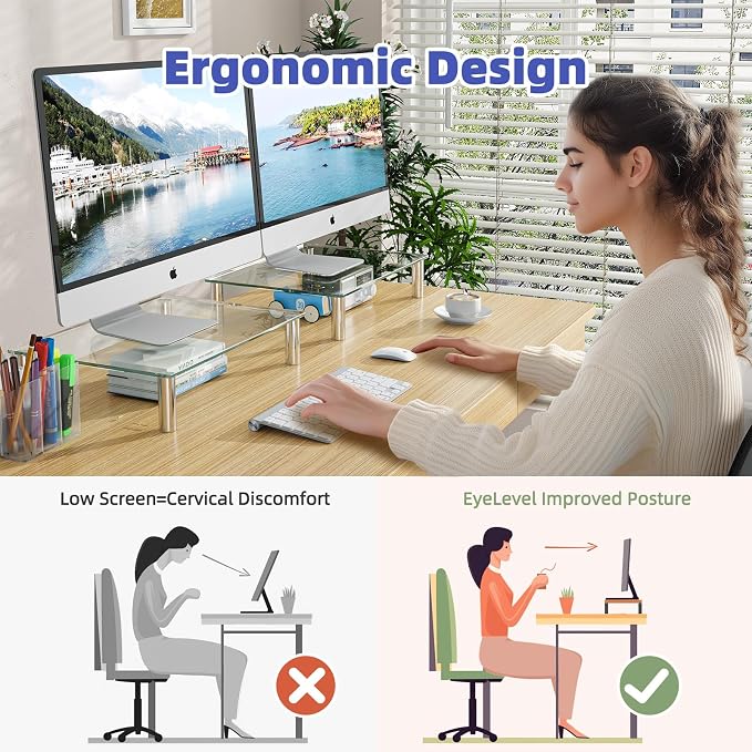Simple Trending 2-Pack Tempered Glass Monitor Stand, Adjustable, Clear | 14.25"L x 9.5"W, height 3.5"-5", tilt 0-15°. Holds 88 lbs, impact/heat resistant. Stainless steel feet. Easy assembly. - Image 6
