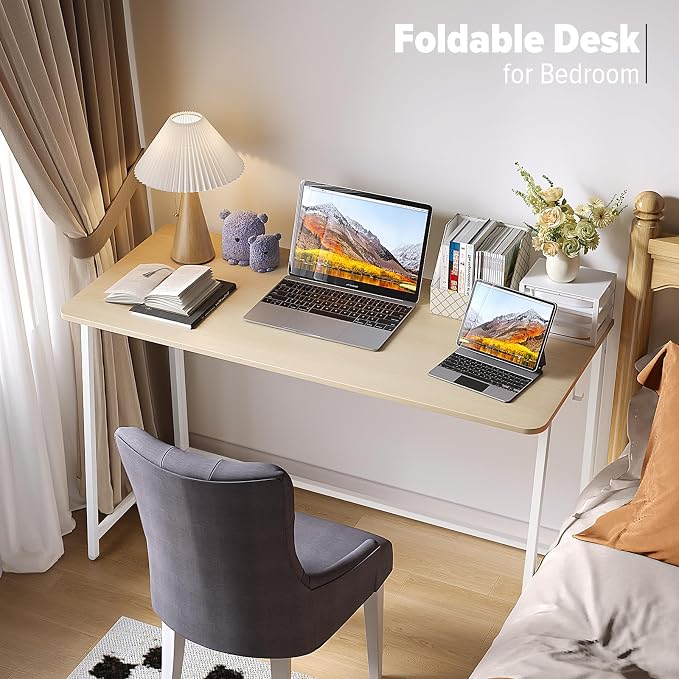 WOHOMO Folding Desk, 47.2" Foldable Computer Table for Small Spaces, Oak | Easy Assembly and Fold, Sturdy Home office desks for Study Bedroom Dorm Space Saving Writing Work Apartment - Image 5