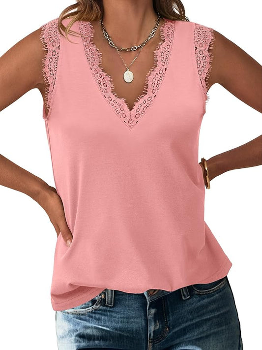ANRABESS Womens Lace Trim Tank Tops V Neck Sleeveless Shirts 2026 Summer Casual Trendy Dressy Cami Top by ANRABESS
