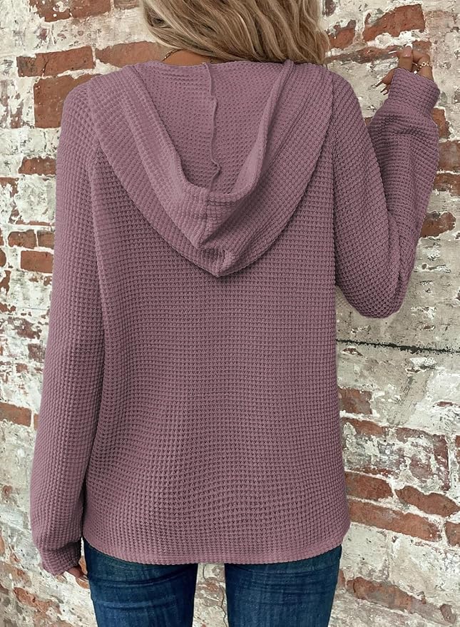 Dokotoo Hoodies for Women Waffle Knit Long Sleeve Drawstring Button V Neck Casual Sweatshirt Hooded Tops Fashion Clothing - Image 2