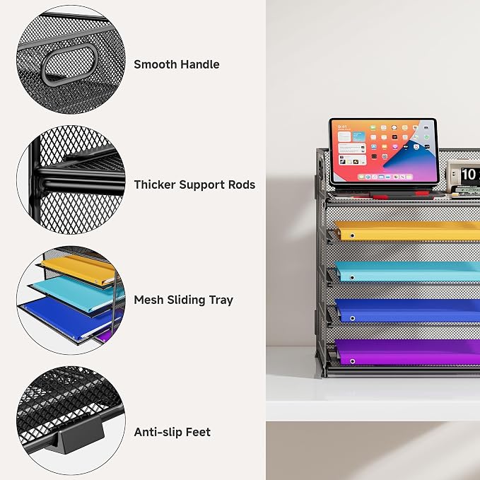 Cawukege 5 Tier Paper Organizer with Handle, Black Metal Mesh Desk Organizer File Folder Paper Letter Tray Desktop Document Sorter for Classroom, School, Office Accessories Organization and Storage - Image 3