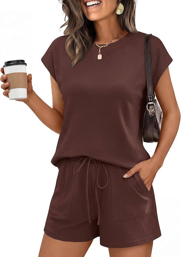 ANRABESS Womens Waffle Knit 2 Piece Short Sets Cap Sleeve Summer 2026 Matching Lounge Outfits Travel Beach Vacation Sweatsuit by ANRABESS