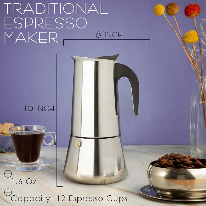 Mixpresso 12 Cup Greca Moka Pot, Stainless Steel Stovetop Espresso Maker | 600ml/20oz Italian stovetop coffee maker with classic percolator design, ideal for preparing coffee at home or while camping - Image 5