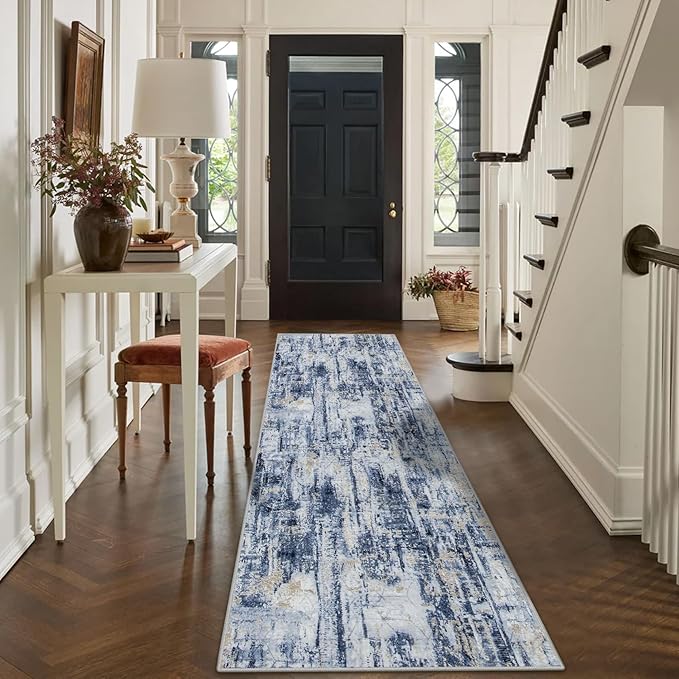 2'6''x8' Runner Rugs Washable Rug: Modern Abstract Hallway Runner Rug Indoor Soft Low Pile Thin Carpet Anti-Skid Non-Shedding Carpets for Kitchen, Entryway, Laundry, Bedroom - Blue Gold - Image 4