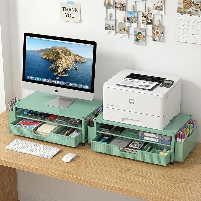 ECOLOVI Desk Organizer and Accessories, 2-Tier Computer Monitor Stand Rise with Storage Drawer & 2 Pen Holders, Laptop & Printer Stand for Desktop, Workspace Organizers for Office Supplies (Green) - Image 7