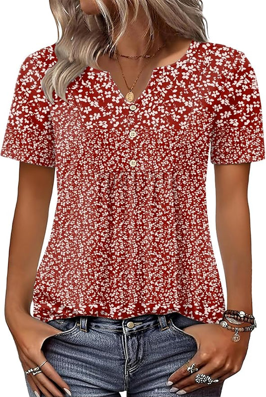 Zeagoo Womens Short Sleeve Tops Summer Henley V-Neck Tshirts Casual Pleated Blouse Dressy Loose Floral Basic Tee by Zeagoo