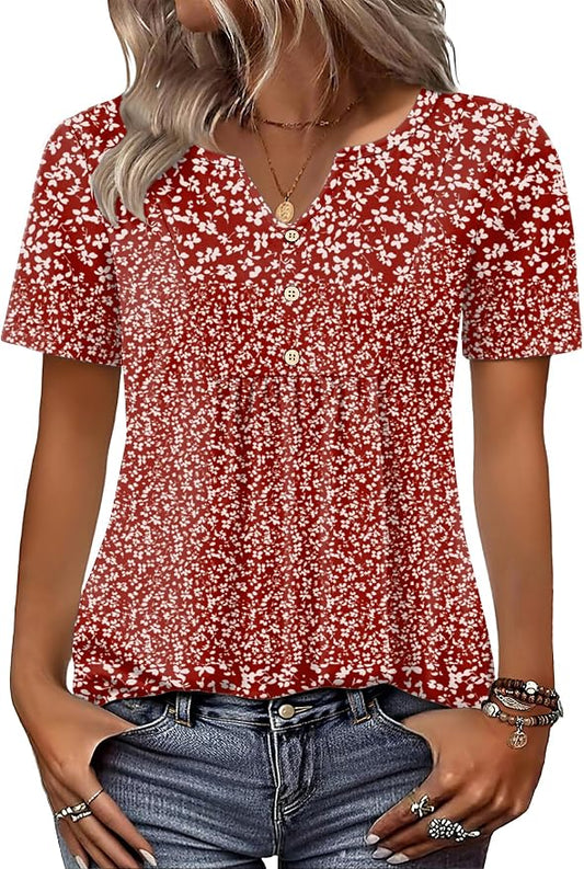 Zeagoo Womens Short Sleeve Tops Summer Henley V-Neck Tshirts Casual Pleated Blouse Dressy Loose Floral Basic Tee by Zeagoo