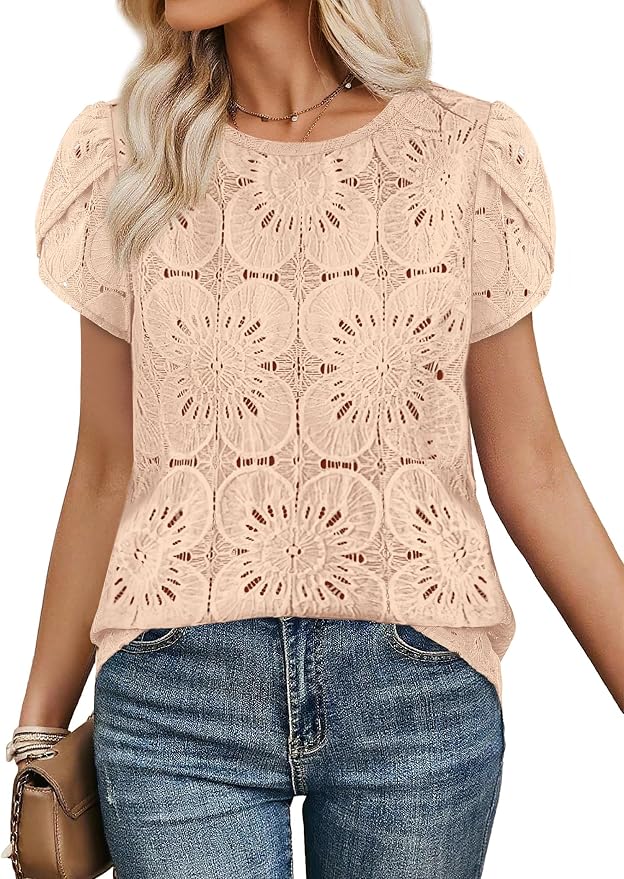 OFEEFAN Blouses for Women Dressy Casual Petal Short Sleeve Shirts Crochet Lace Boho Tops Spring Fashion Summer Outfits - Image 2