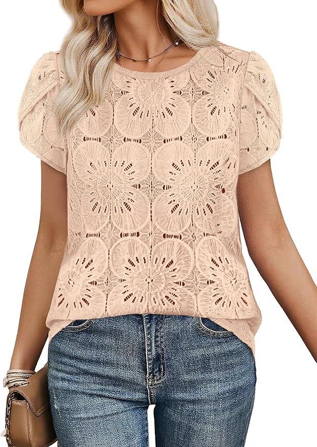 OFEEFAN Blouses for Women Dressy Casual Petal Short Sleeve Shirts Crochet Lace Boho Tops Spring Fashion Summer Outfits - Image 2