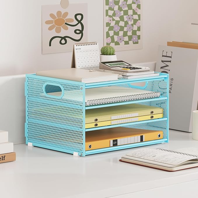 Subekyu Paper Letter Tray Organizer for Desk, Blue Metal Mesh Desk File Sorter Organizer with Handle and 2 Sliding Trays for Home Office School Supplies Organization - Image 6