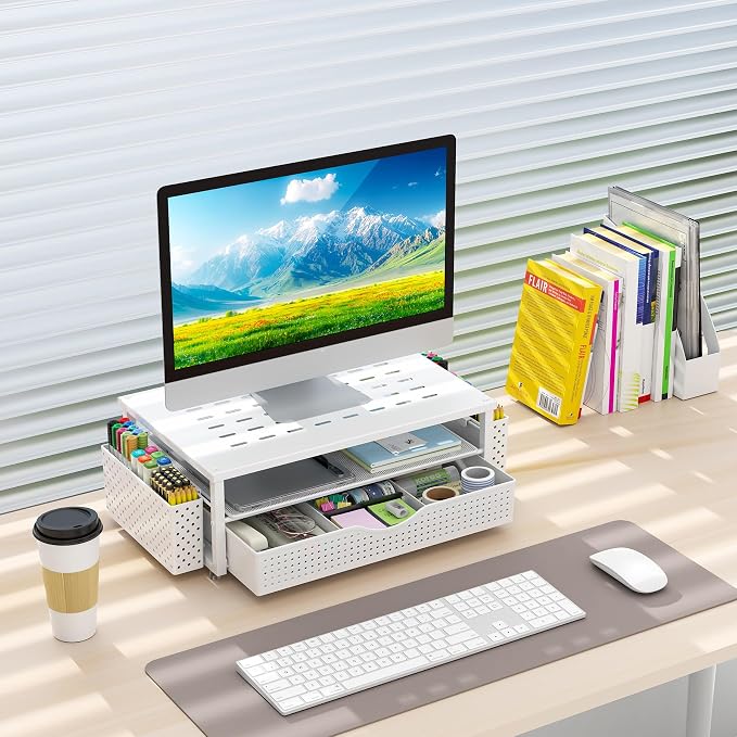 gianotter Desk Organizers and Accessories, Monitor Stand with Drawer and 2 Pen Holder, Desktop Organizer Suitable for Offices and Dormitories (White) - Image 8