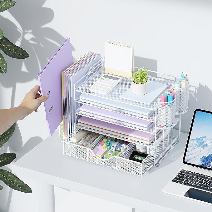 gianotter 5-Tier Desk Organizer with Drawers and File Holders | Letter Trays and Pen Holders - Workspace Accessories for Office Supplies (White) - Image 3