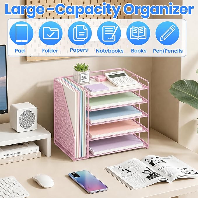 OPNICE Desk Organizer, 5-Tier Paper Organizer Letter Tray with Magazine Holder, Office Desk Accessories & Workspace Organizers, Desktop File Organizer for Office Supplies Storage, Pink - Image 5
