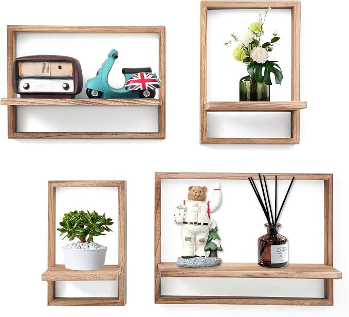 PHOENANCEE Square Floating Shelves,Framed Wall Shelf Decorative Set of 4,Modern Plants Hanging Display Art Decor Storage for Livingroom Bedroom Bathroom Farmhouse,Home Light Wood,Carbonized Black by PHOENANCEE
