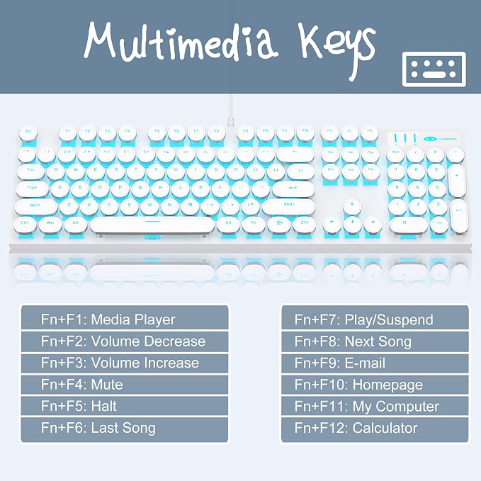 Camiysn Typewriter Style Mechanical Gaming Keyboard, White Retro Punk Gaming Keyboard with Blue Backlit, 104 Keys Blue Switch Wired Cute Keyboards, Round Keycaps for Windows/Mac/PC - Image 5
