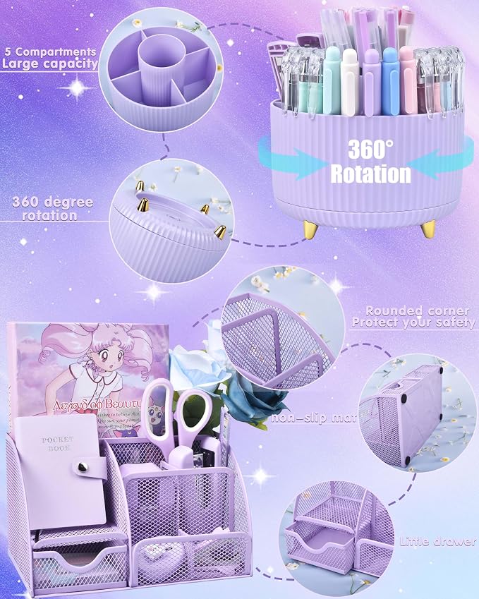 LXEVIHK 21Pcs Purple Desk Organizers and Accessories With Mesh Desk Organizer and 360°Rotating Pen Holder and a Lot of Office Purple Office Supplies Beautifully Presented in a Gift Box - Image 2