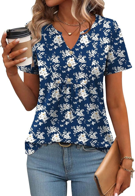 Zeagoo Womens Short Sleeve Tops Summer Henley V-Neck Tshirts Casual Pleated Blouse Dressy Loose Floral Basic Tee by Zeagoo