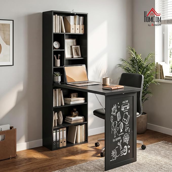 HOMCOM Foldable Convertible Writing Table, Wall Mounted Space-Saving Computer Desk with Chalkboard and Storage Shelves for Small Spaces, Home Office, Bedroom, Dorm, Apartment, Black - Image 2