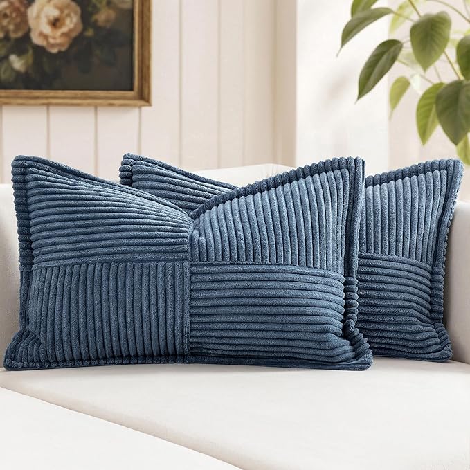 MIULEE Decorative Lumbar Throw Pillow Covers for Couch Bed Livingroom 12x24 Inch Set of 2 Blue Boho Accent Throw Pllows Broadside Striped Patchwork Soft Corduroy Summer Coastal Pillowcases by MIULEE