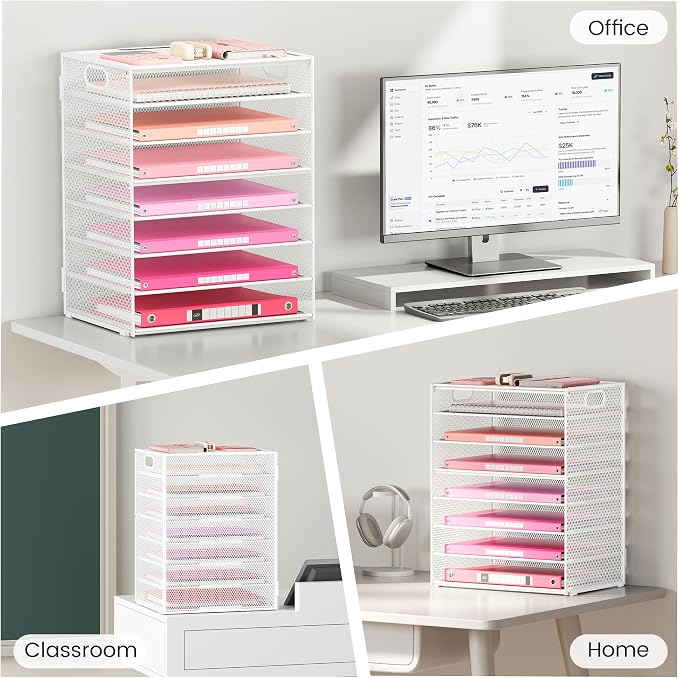 Lavatino 8-Tier Letter Tray Desk Paper Organizer, Mesh File Tray Organizer for Desk, Office Supplies & Home Organization, Fits A4 Paper, Mail, Magazines and Office Accessories (White with Handle) - Image 7