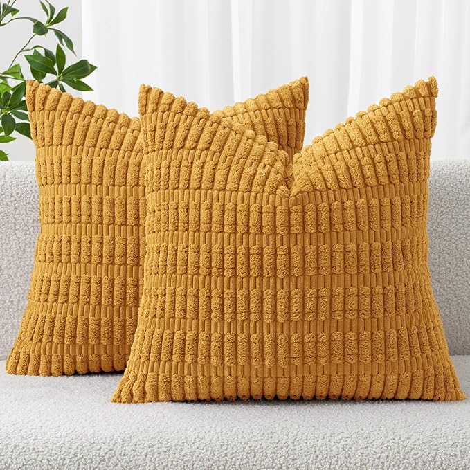 MIULEE Pack of 2 Corduroy Decorative Throw Pillow Covers 16x16 Inch Soft Boho Striped Pillow Covers Modern Farmhouse Home Decor for Summer Sofa Living Room Couch Bed Gold Yellow by MIULEE