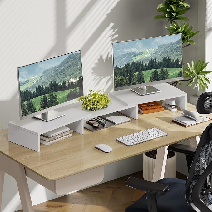 FITUEYES Dual Monitor Stand Riser, Adjustable Length and Angle, White | Wooden 3-Shelf Design, Supports up to 55lbs, Flexible for Standard Corner Space, Holds Monitor, Laptop, Phone, Printer - Image 7
