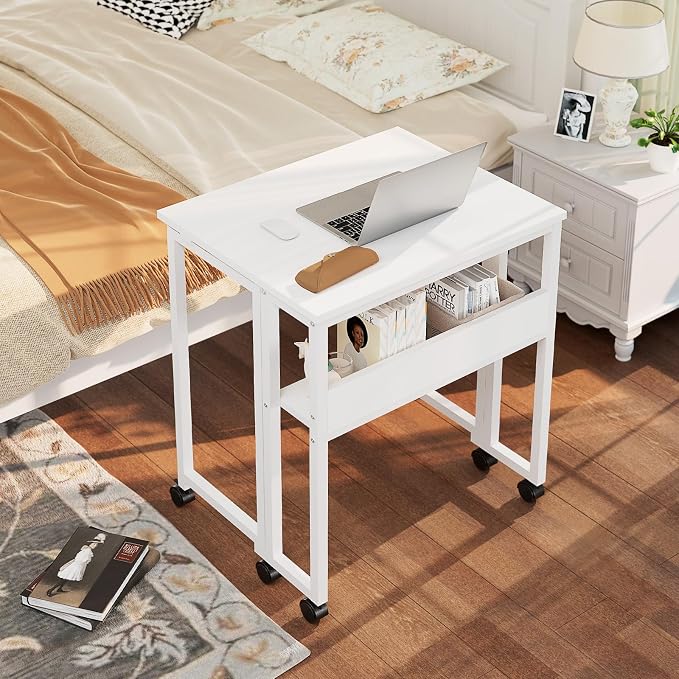 GreenForest Folding Desk with Wheels, 31.5" Rolling Table for Small Spaces | Storage Shelf, Lockable Casters, Compact Portable Workstation, Space-Saving Foldable Sofa Table, Home Office, Mobile, White - Image 2