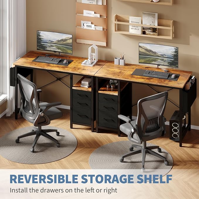 DUMOS 39 Inch Small Computer Desk with Storage, Fabric Drawers | Writing Table, Side Pocket, Space Saving Workstation, Home Office, Gaming Setup, Dorm Apartment, Rustic Brown - Image 4