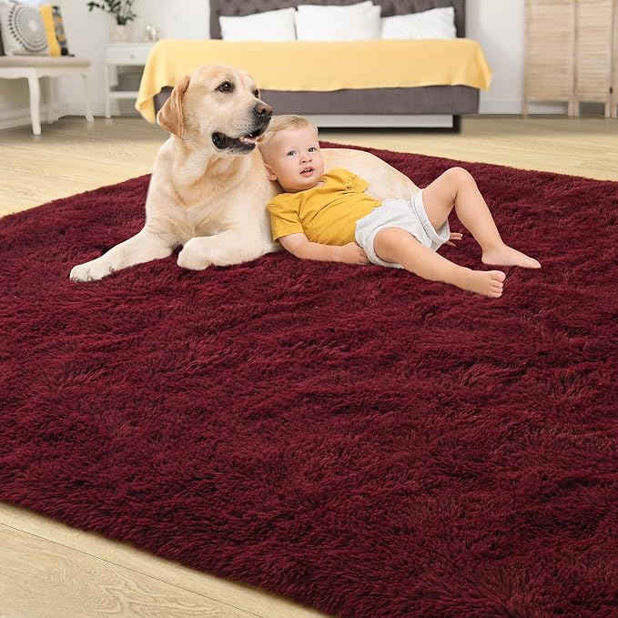 Tepook Fluffy Burgundy Rugs for Living Room, 9x12 Dark Red Area Rug for Bedroom, Soft Shaggy Plush Floor Carpet for Kids Girls Boys Room, Indoor Non Slip and Washable Carpets for Nursery Home Decor - Image 4