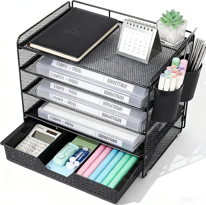 LEKETREE Desk Organizer and Accessories, 5-Tier Paper Letter Tray Organizer with Drawer & 2 Pen Holders for Desktop File Organization, Office Desk Accessories for Supplies Storage (Black) by Stylishworkspaceeffortlessorganization