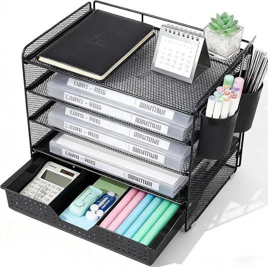 LEKETREE Desk Organizer and Accessories, 5-Tier Paper Letter Tray Organizer with Drawer & 2 Pen Holders for Desktop File Organization, Office Desk Accessories for Supplies Storage (Black) by Stylishworkspaceeffortlessorganization