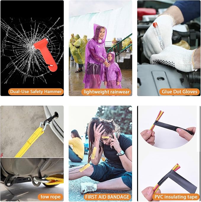 LIANXIN Car Roadside Emergency Kit,with Jumper Cables Car Safety Kits | Emergency Car Kit Tow Straps Headlamp Jumping Cables Safety Hammers Gloves, Breakdowns Gifts for New Drivers - Image 6