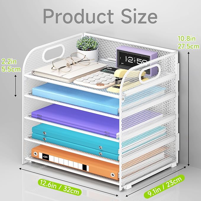 Cawukege 5 Tier Paper Organizer with Handle, White Metal Mesh Desk Organizer File Folder Paper Letter Tray Desktop Document Sorter for Classroom, School, Office Accessories Organization and Storage - Image 5