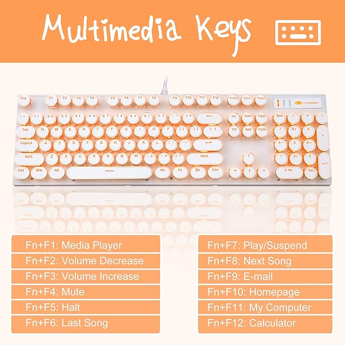 Camiysn Typewriter Style Mechanical Keyboard, Retro Punk Gaming Keyboard with Gold LED Backlit, Cute Wired Keyboards,104 Keys Full Size Keyboards, Uique Round Keycaps for Windows/Mac/PC(White&Gold) - Image 2