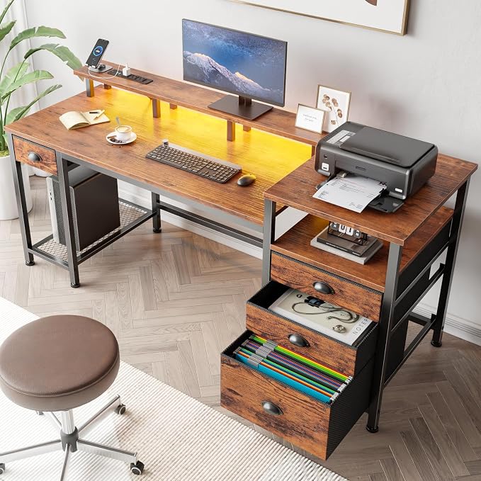Furologee 60" Computer Desk with 4 Drawers, Power Outlet, LED, Rustic Brown | Home Office Desk with Full Monitor Stand,Storage Shelves, 4 File Drawers Cabinet ,Printer Space for Study Working Bedroom - Image 9