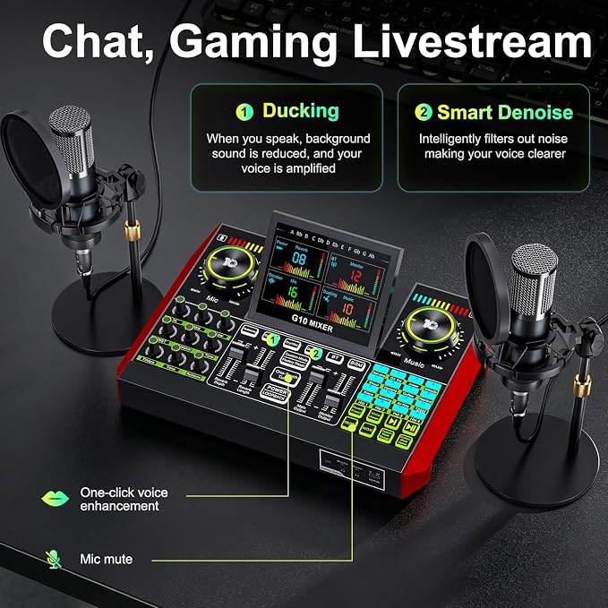 tenlamp G10 Podcast Equipment Bundle for 2 with Live Sound Board Audio Mixer - Two Condenser Mics, Voice Changer, Noise Reduction, for PC/Phone Streaming, Gaming, Singing, Podcast, Recording - Image 5