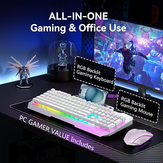 AULA Gaming Keyboard, T102 104 Keys Keyboard and Mouse Combo, USB Wired Computer Keyboards Mechanical Feel Full Size, RGB Backlit for PC/Laptop Gaming or Working/Office (White) - Image 6