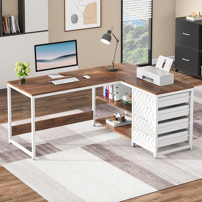 Tribesigns L Shaped Computer Desk with Storage Drawers, 59 inch Corner Desk with Shelves, Reversible L-Shaped Office Desk Study Writing Table Workstation for Home Office, Walnut & White - Image 3