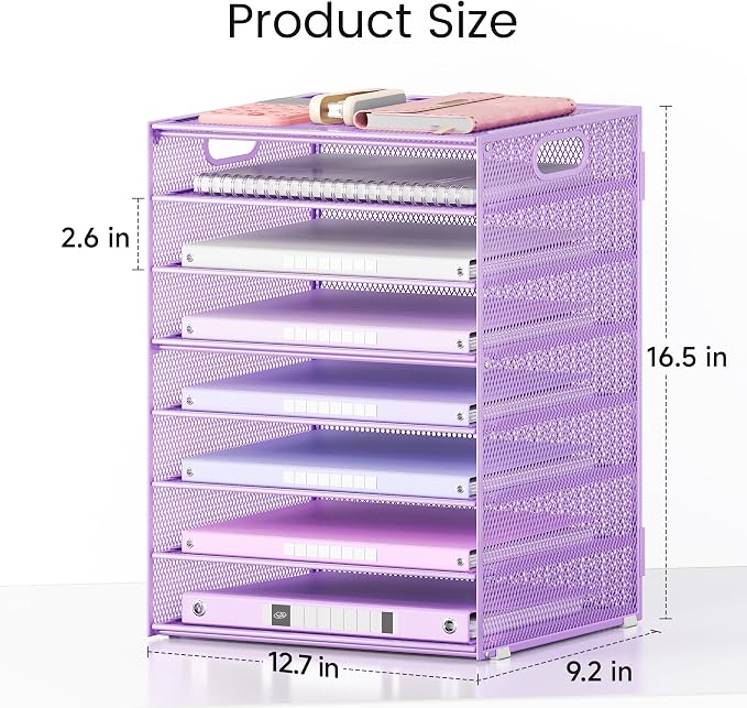 Lavatino 8-Tier Office Desk File Organizer, Letter Tray Paper Organizer with Handle, Including 5 Adjustable Slide Trays for Organizing Desktop Workspace Accessories and Supplies (Purple Metal Mesh) - Image 2