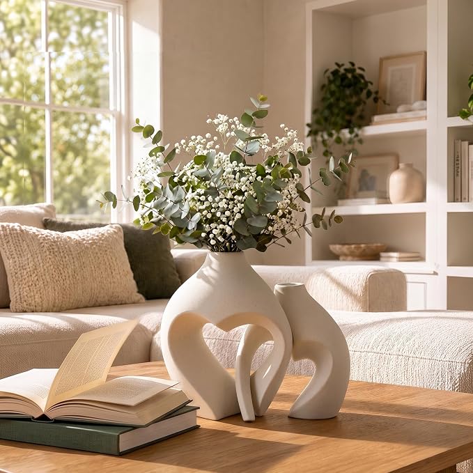White Ceramic Flower Vase Home Table Decor Heart Shaped Vase Set of 2 | Boho Heart Shaped Minimalist Decorative Vases for coffee Table Centerpiece Wedding Dining Living Room Office House Decoration - Image 6