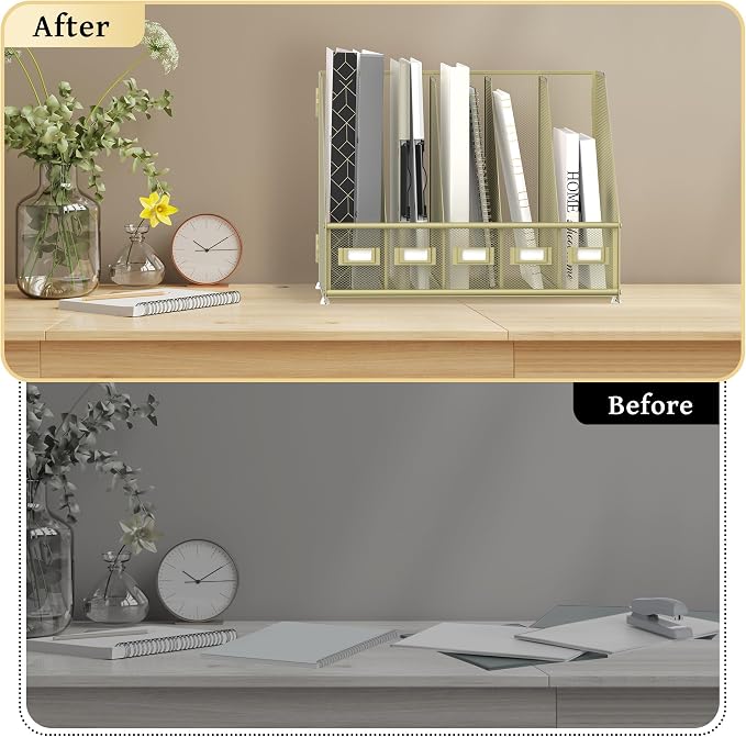 SUPEASY Desk Organizers Metal Desk Magazine File Holder with 5 Vertical Compartments Rack File Organizer for Office Desktop, Classroom, Home Workspace, Golden Yellow - Image 5