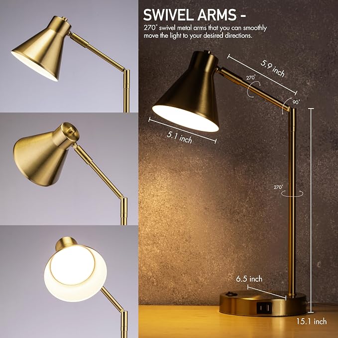 O'Bright Astrum - LED Desk Lamp with Dual USB Charging Ports, 100% Metal, 270 Degree Swivel Arms, Soft White Light (3000K), Bedside & Home Office Table Lamp, ETL Listed, Antique Brass Finish - Image 2