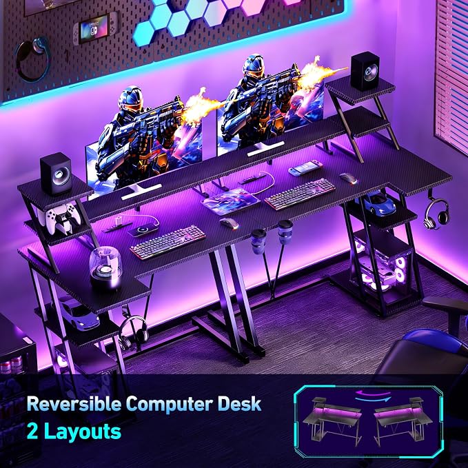 Korfile 47 Inch Gaming Desk with LED Lights & Power Outlet, L Shaped Computer Desk with Storage Shelves, Gamer Workstations with Monitor Stand for Bedroom, Carbon Fiber Black | L Shaped Computer Desk, Gamer Workstations, Storage Shelves, Monitor Stand,... - Image 6