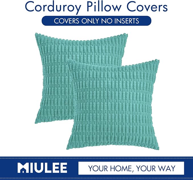 MIULEE Pack of 2 Corduroy Decorative Throw Pillow Covers 18x18 Inch Soft Boho Striped Pillow Covers Modern Farmhouse Home Decor for Summer Sofa Living Room Couch Bed Aqua Green - Image 6